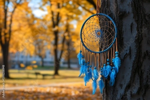 Obraz A Dreamcatcher Adorned with Feathers is Hanging on a Tree