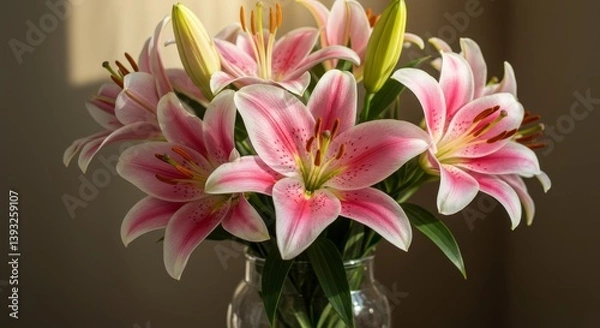 Fototapeta Pink Lilies in Glass Vase - A bouquet of elegant pink lilies arranged in a clear glass vase, bathed in soft sunlight