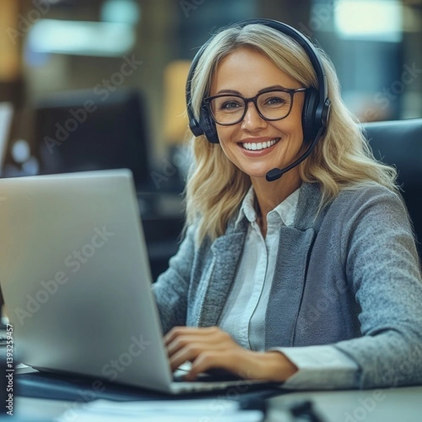 Fototapeta A woman wearing glasses and a headset is smiling while working on a laptop. She is happy and focused on her work
