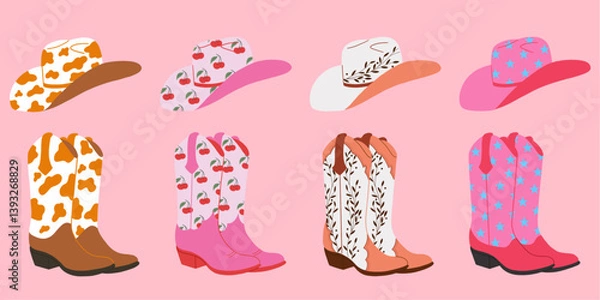 Obraz Collection cowboy boots and hats. Animal print. Cherry print. Cowboy western and wild west theme. Hand drawn vector illustration. Pink background