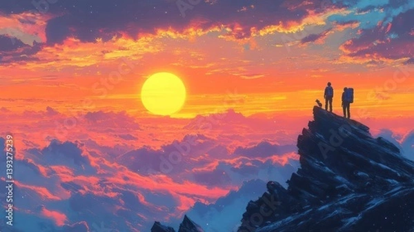 Obraz Two figures stand atop a mountain peak at sunset, overlooking a vibrant, colorful landscape of clouds and mountains