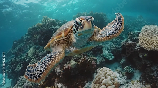 Obraz Sea turtle gracefully swimming in coral reef, exploring the depths of the ocean, surrounded by vibrant underwater life. A peaceful moment.