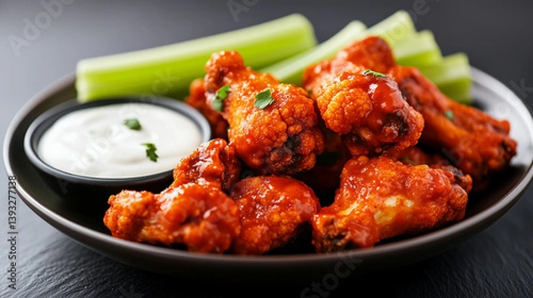 Fototapeta Close-up of delicious buffalo cauliflower wings served with celery sticks and dipping sauce, a tasty vegetarian alternative to traditional chicken wings