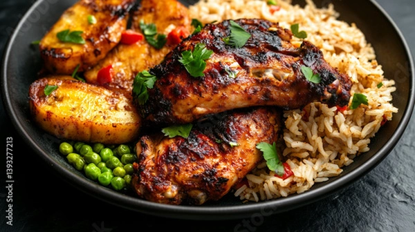 Fototapeta Spicy grilled chicken legs with traditional Jamaican side dishes, creating a vibrant and flavorful culinary experience