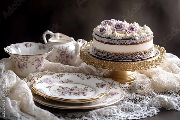Fototapeta Elegant Mother's Day soiree with a sophisticated opera cake and a set of fine bone china on a lace-draped table, exuding luxury and grace.