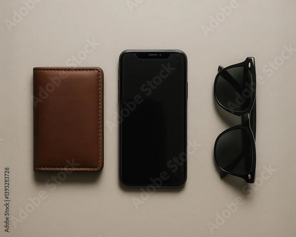Fototapeta Minimal flat lay of men's wallet, smartphone and sunglasses on neutral surface, generative AI