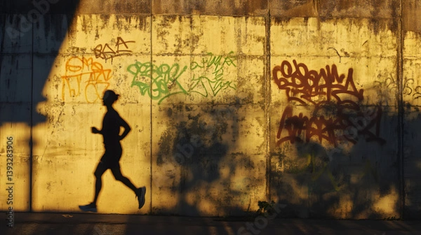 Obraz Silhouette of a person running against a weathered wall with graffiti, bathed in warm light during the late afternoon. Fitness, urban exploration, artistic texture.