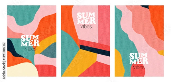 Fototapeta Abstract minimal summer covers set with vintage paper texture and typography design. Summer holidays, journey, vacation travel illustrations. Flat hand drawn vector backgrounds