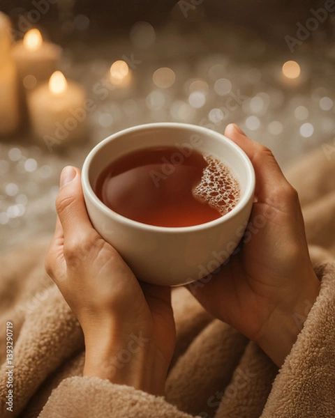 Fototapeta Cozy hands holding warm cup of tea by candlelight in soft blanket, generative AI