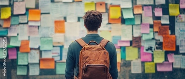 Fototapeta A man with a brown backpack is looking at a wall covered in colorful sticky notes. The notes are arranged in various shapes and sizes, and the man is contemplating the meaning behind them