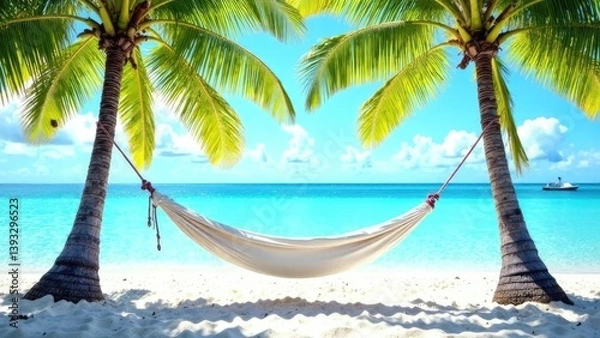 Fototapeta Hanging hammock stretched between two palm trees on a tropical island with white sand beach. Ocean shore pic