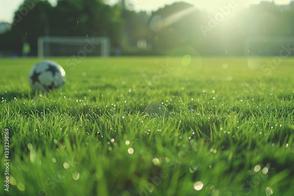 Obraz Football field with vibrant green grass, soccer ball in clear focus, blurred background, sunny weather