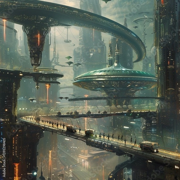 Fototapeta A fantastical alien city filled with multi-story highways, colorful buses, an amusement park, and a lively population of extraterrestrial beings in a futuristic world.