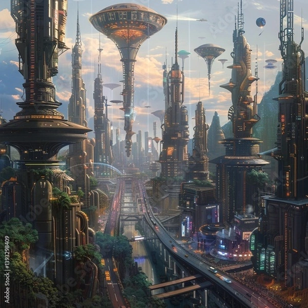 Fototapeta A detailed alien city featuring complex infrastructure, multi-story highways, buses, a lively amusement park, and imaginative inhabitants of a distant futuristic world.
