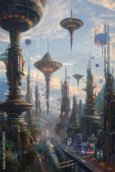 Fototapeta A detailed alien city featuring complex infrastructure, multi-story highways, buses, a lively amusement park, and imaginative inhabitants of a distant futuristic world.