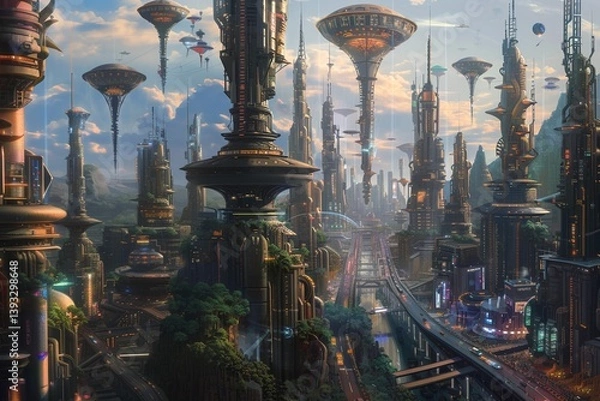 Fototapeta A detailed alien city featuring complex infrastructure, multi-story highways, buses, a lively amusement park, and imaginative inhabitants of a distant futuristic world.