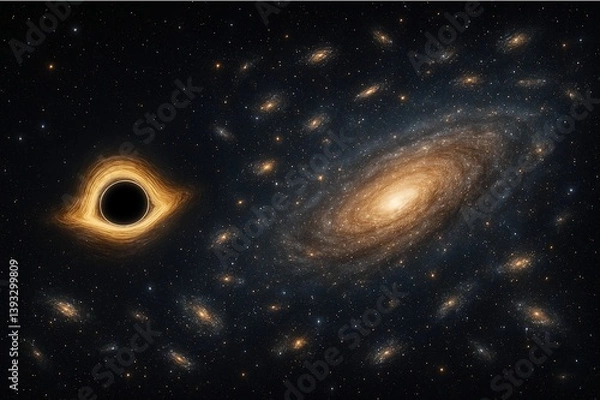 Fototapeta Photo realistic view of deep space with a supermassive black hole, spiral galaxy, and colorful stars, capturing the gravitational beauty and vast mystery of the cosmos.