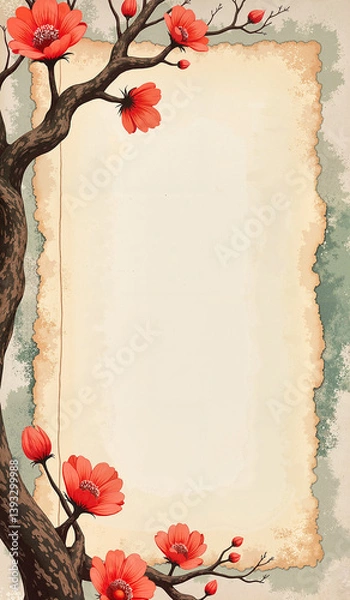 Fototapeta Delicate cherry blossom branch framing a blank background, natural beauty