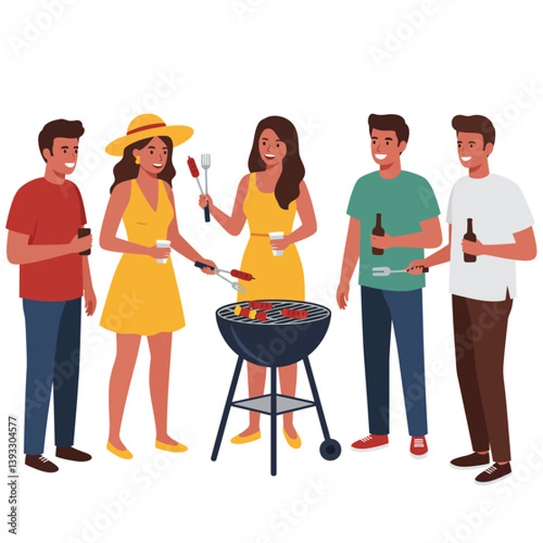 Fototapeta Friends enjoying a barbecue gathering in colorful attire detailed vector illustration