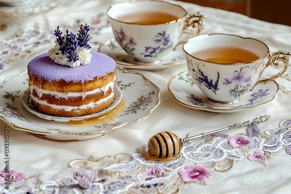 Fototapeta Enchanting Mother's Day tea party with a lavender and honey cake and elegant tea cups set on a floral embroidered tablecloth.