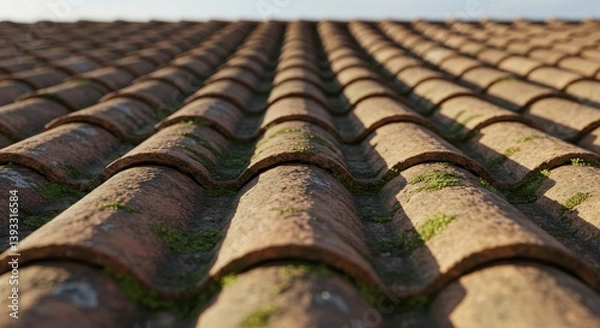Fototapeta Old Tile Roof Texture - Close-up view of an old tile roof with moss growing in between the tiles. Shows texture and age