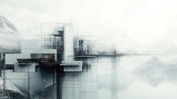 Obraz Futuristic concrete structures nestled amidst misty mountains