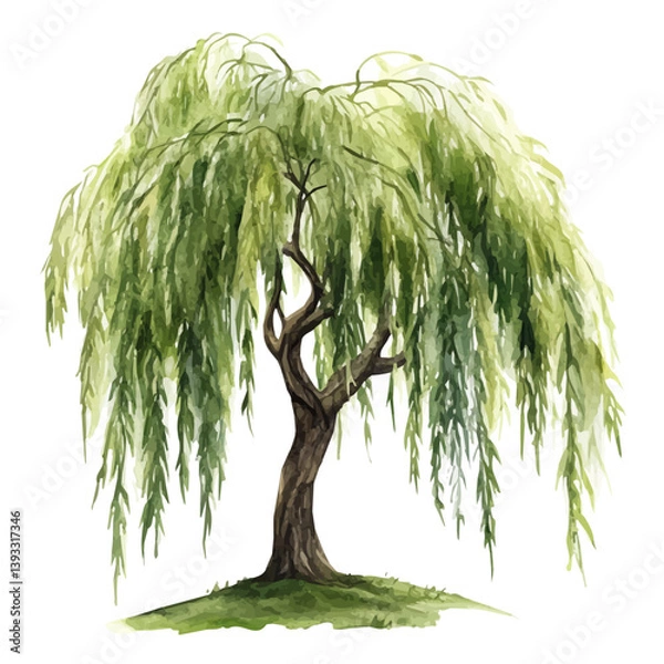 Obraz A watercolor vector illustration of a weeping willow tree, isolated on a white background.

