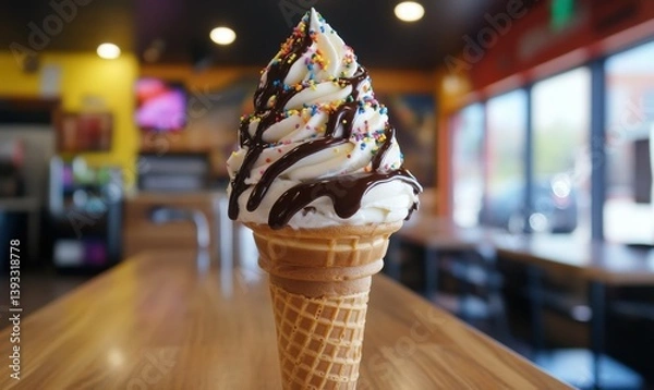 Fototapeta Delicious soft serve ice cream cone with chocolate and sprinkles