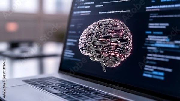 Fototapeta A futuristic dashboard featuring a digital brain and visual datasets, symbolizing AI integration, neural networks, and cognitive computing in business