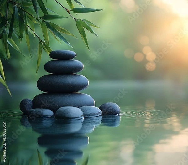 Fototapeta Zen Garden Rocks in Water with Bamboo Leaves and Bokeh Background Meditation and Relaxation Concept for Wellness : Generative AI