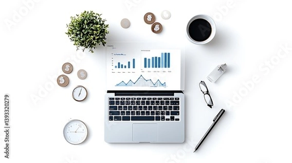 Obraz A digital payroll dashboard with finance icons, bar charts, and employee management tools, emphasizing automated salary processing