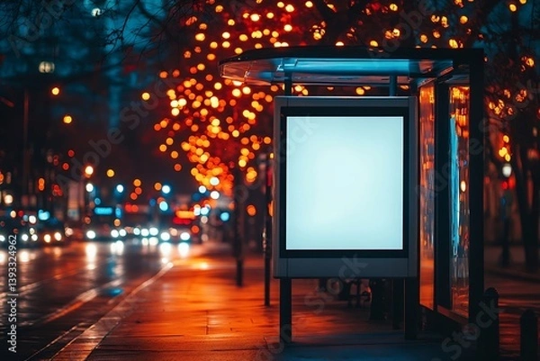 Fototapeta City Street at Night with Illuminated Billboard and Christmas Lights a Vibrant Urban Scene with Festive Atmosphere : Generative AI