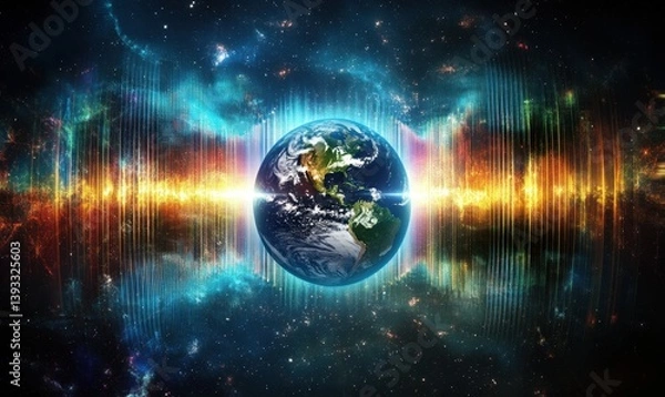 Fototapeta A visual representation of Earth surrounded by sound waves, symbolizing the concept that all life on Earth is connected through harmonious, gemini-style radiations Generative AI