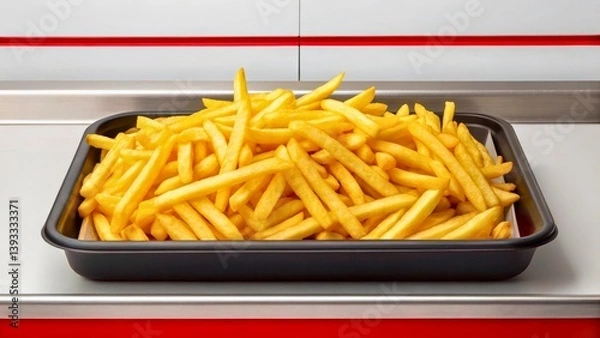 Fototapeta Crispy Golden French Fries Piled High in a Black Tray Against Bright Red Background