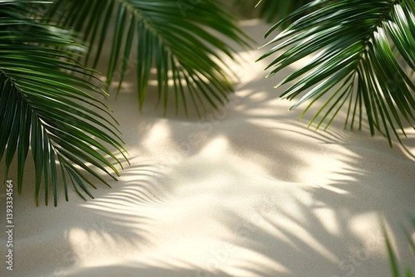 Fototapeta Tropical Palm Leaves on Sand Beach Paradise Island Vacation and Relaxing Summer Holiday Escape Under Clear Sky : Generative AI