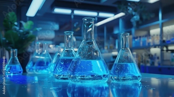 Fototapeta A clean and modern science lab with water-filled beakers and flasks reflecting soft blue lighting