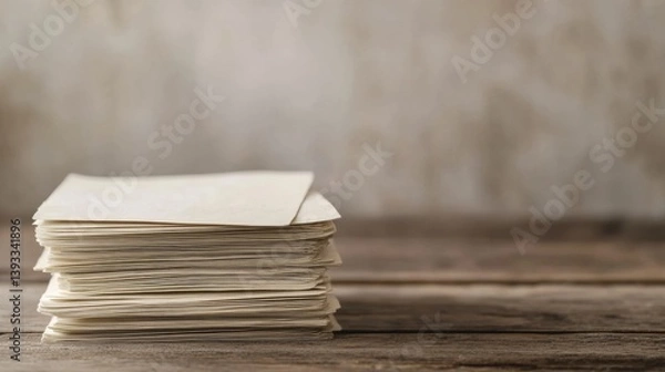 Fototapeta Minimalist photo of a stack of recipe index cards on wooden surface with blurred textured background