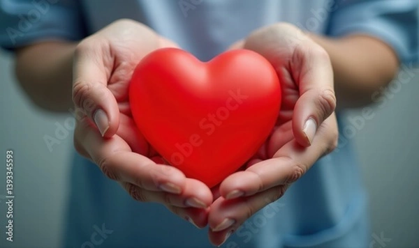 Fototapeta A caring gesture, showcasing a pair of hands holding a red heart, symbolizing love, compassion, and support in healthcare and wellness contexts.