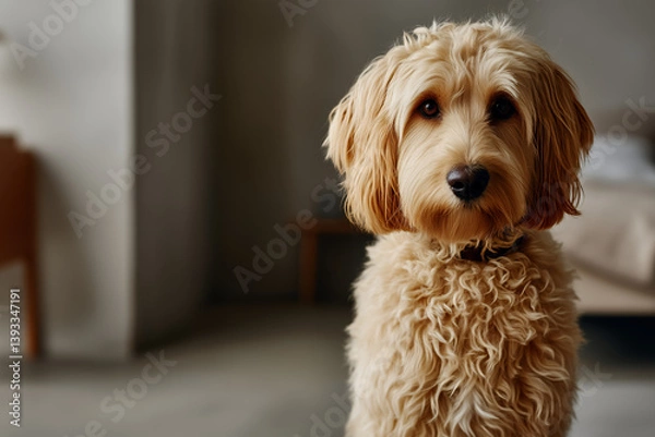 Fototapeta A lifestyle photograph of a well-groomed poodle sitting calmly on a neutral-toned background, lit by soft natural light