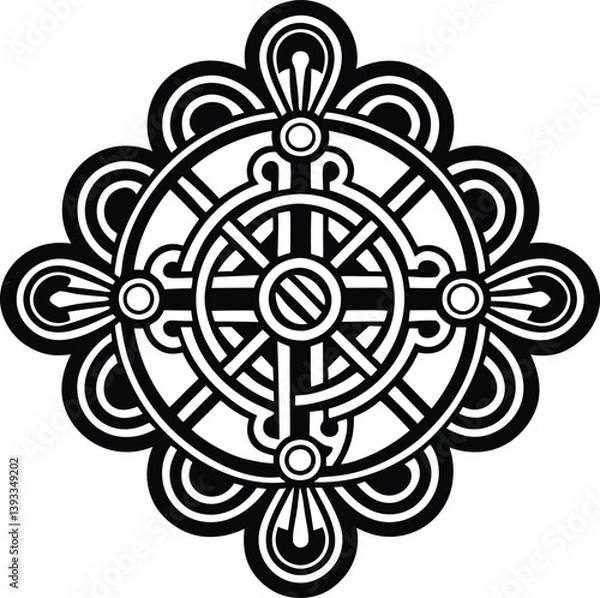 Fototapeta Elegant Geometric Knot Design with Tassel in Black and White Outline