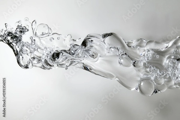 Fototapeta A stream of clear water with air bubbles, flowing dynamically against a light gray background.
