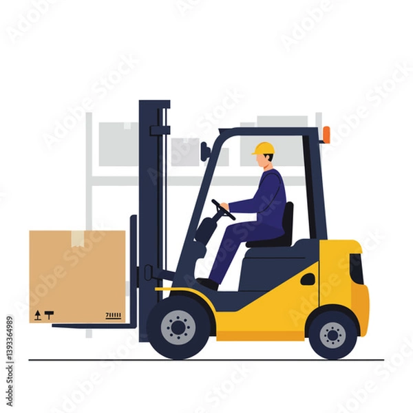 Fototapeta Forklift operator moving box in flat, minimal vector illustration