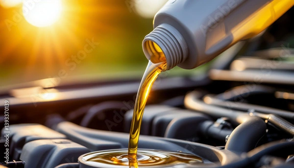Fototapeta Golden engine oil flows smoothly from a bottle into the engine of a car under warm sunlight, emphasizing routine maintenance and vehicle care.