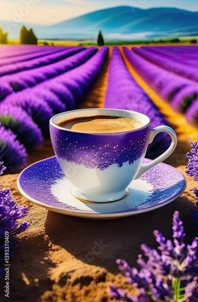 Fototapeta Lavender fields stretch behind a steaming cup of coffee on a beautiful sunny day