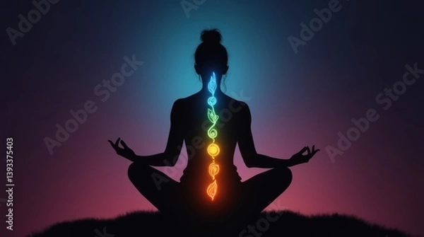 Fototapeta A striking silhouette of a person in a meditative pose, with vibrant chakra symbols illuminated along the spine, symbolizing energy flow and balance. 