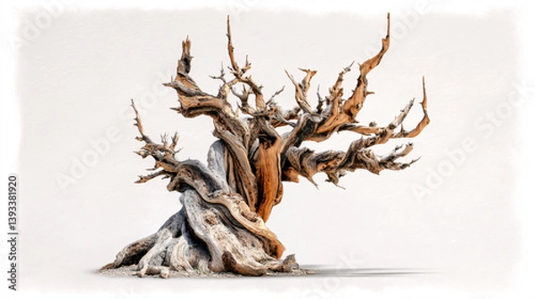 Fototapeta A photograph highlighting the enduring strength of an ancient bristlecone pine, captured with a botanical focus against a white background, showcasing its 4,000 years of life.  