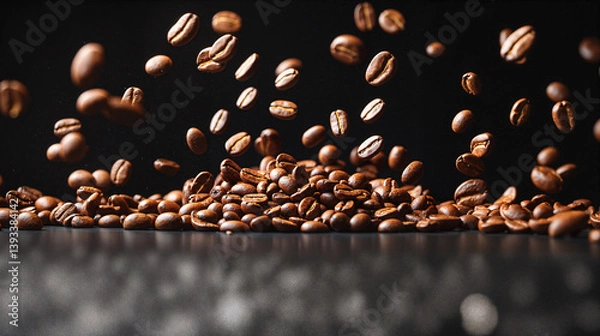 Fototapeta Coffee beans falling on a dark background  