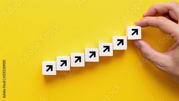 Fototapeta Hand making a row of arrows on a yellow background. Space for text. Paving the way, making plans. Next steps and vision. Course to go forward.