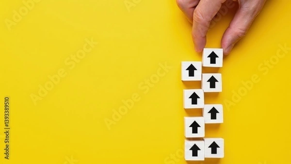 Fototapeta Hand making a row of arrows on a yellow background. Space for text. Paving the way, making plans. Next steps and vision. Course to go forward.