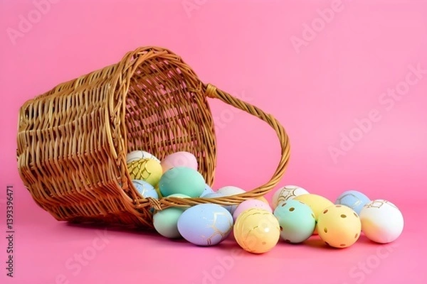 Fototapeta A traditional woven wicker basket tipped on its side against a solid pink background, with decorated Easter eggs spilling out. 